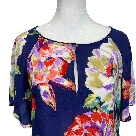 MAEVE Anthropologie Gardenia 100% Silk Blue Floral Flutter Sleeve Blouse Sz 2 - Picture 3 of 11